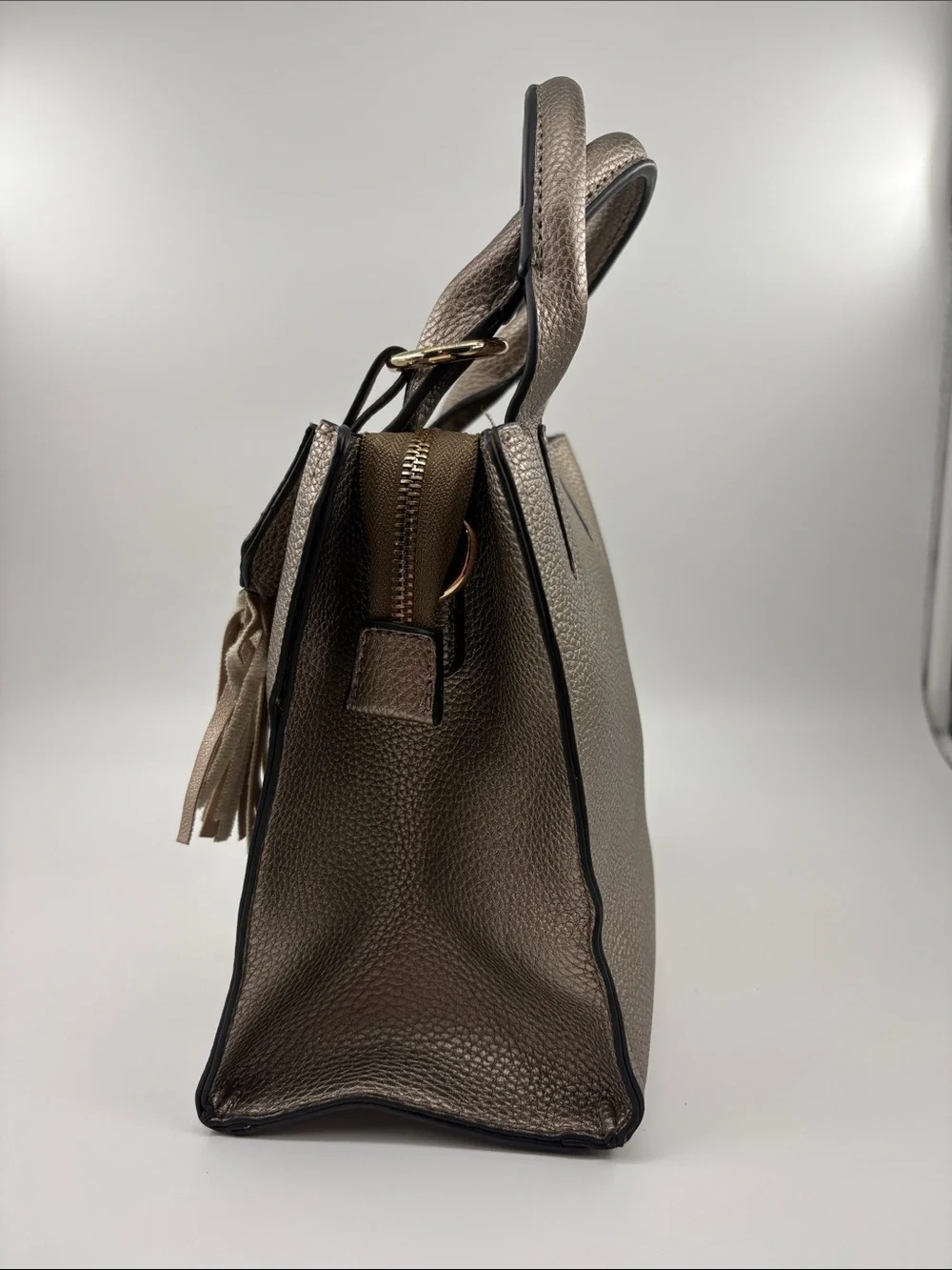 Firano Metallic Taupe Pebbled Leather Satchel with Tassel Accent no strap